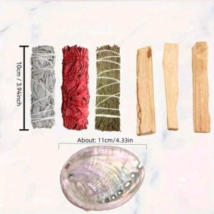 Spirituele set – smudge – salie – dragonbood – dennen – 3 heilighout – Palo Santo – abalone schelp – ritueel – 7 stuks