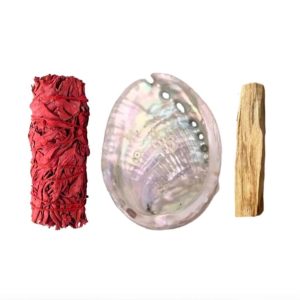 Spirituele set voor Rituaal smudge van Salie Dragonbloed – Palo Santo heilige hout – abalone schelp – bundel 3st